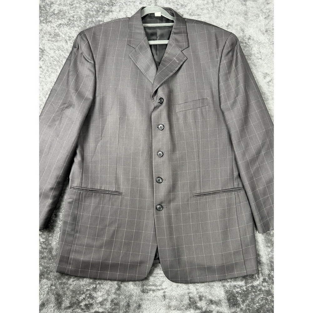 Angelino Blazer Jacket Men 44R Grey Windowpane Single Breasted 5 Button Closure